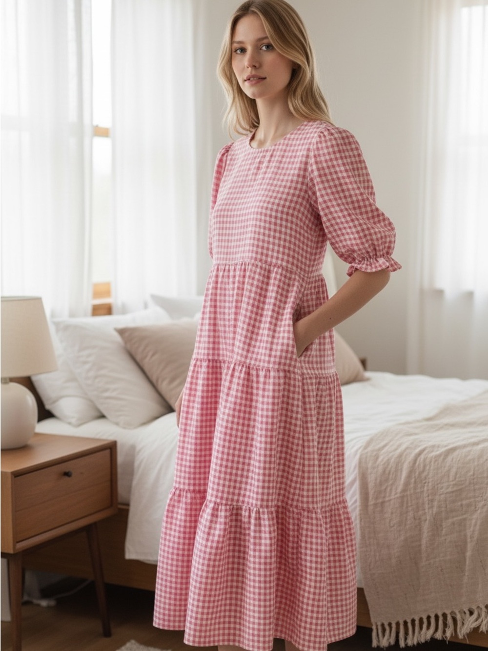 Pink Gingham Maxi Dress with Puff Sleeves - Picture 1 of 9